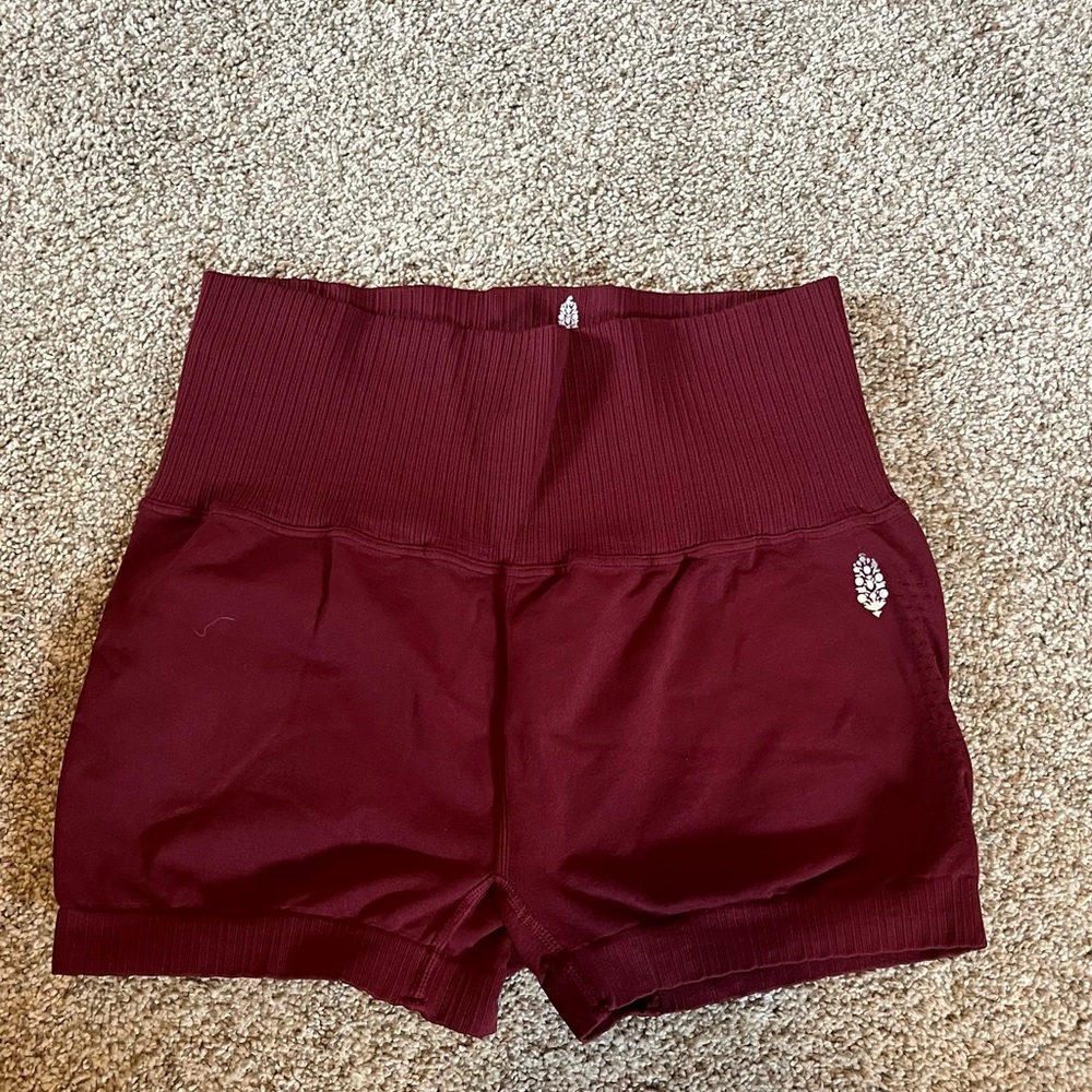 Free People Ribbed High-Waist Bike Shorts in Burgundy